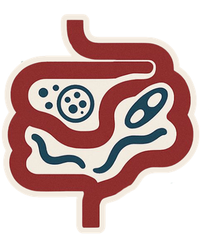 Ilustração de um intestino com parasitos dentro